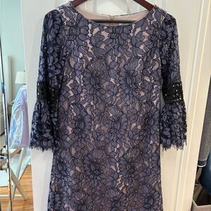 Eliza J Floral Lace Long Sleeve Dress in Blue and Black